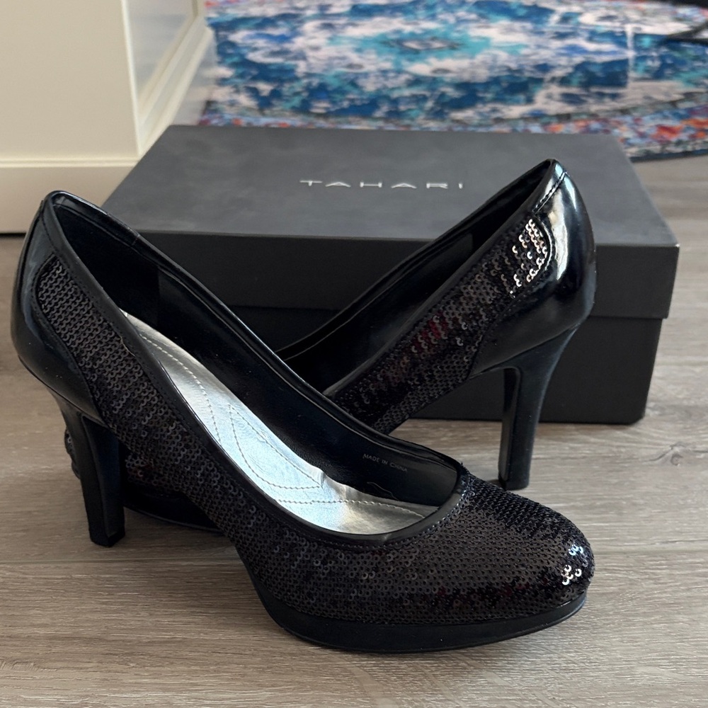 Tahari Shimmering Black Sequin Heels